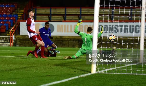 Daishawn Redan of Chelsea scores the third goal during the FA Youth Cup Fourth Round between Chelsea FC and West Bromwich Albion on January 17, 2018...