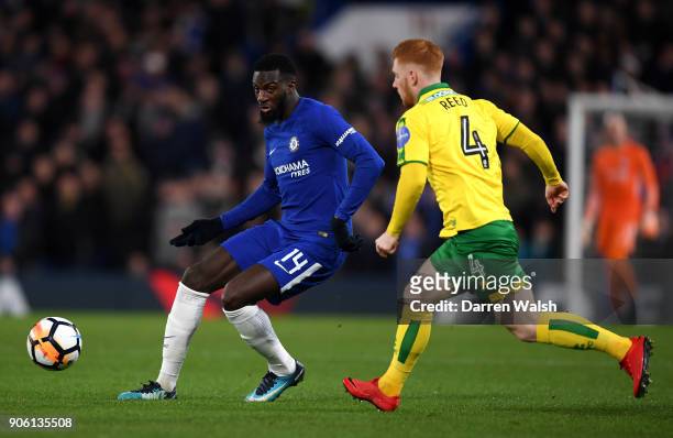 Tiemoue Bakayoko of Chelsea is closed down by Harrison Reed of Norwich City during The Emirates FA Cup Third Round Replay between Chelsea and Norwich...