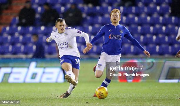 George Thomas of Leicester City in action with Ben Pringle of Oldham Athletic during the Checkatrade Trophy tie between Oldham Athletic and Leicester...