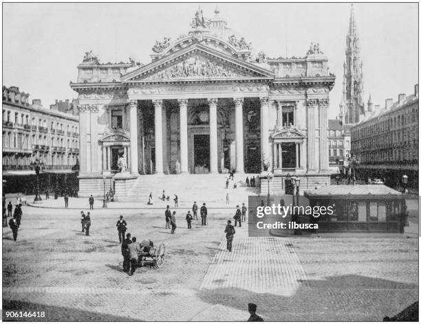 antique photograph of world's famous sites: bourse, brussels, belgium - vintage stock exchange stock illustrations