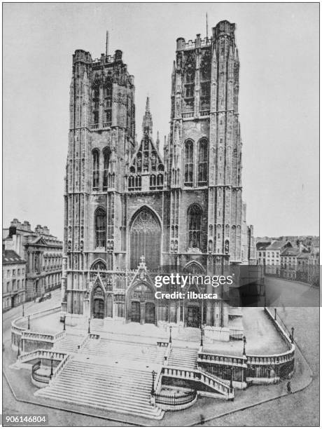 antique photograph of world's famous sites: cathedral of st. michael and st. gudula, brussels - cathedral of st michael and st gudula stock illustrations