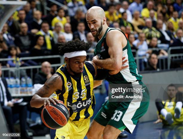 Muhammed Ali of Fenerbahce Dogus in action against Nick Calathes of Panathinaikos Superfoods Athens during the Turkish Airlines Euroleague basketball...