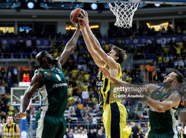 Jan Vesely of Fenerbahce Dogus in action against Chris Singleton of Panathinaikos Superfoods Athens during the Turkish Airlines Euroleague basketball...