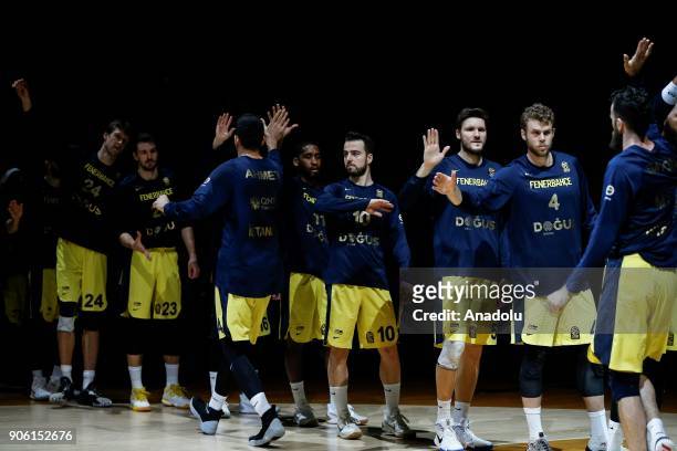 Players of Fenerbahce Dogus are seen ahead of the Turkish Airlines Euroleague basketball match between Fenerbahce Dogus and Panathinaikos Superfoods...