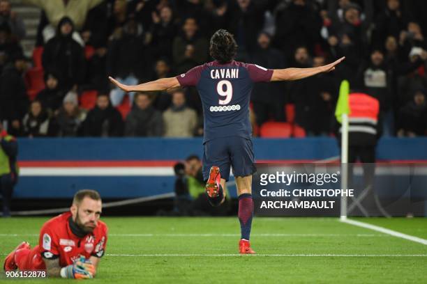 Paris Saint-Germain's Uruguayan forward Edinson Cavani celebrates after scoring his team's third goal, to equal the club's top scorer, as Dijon's...
