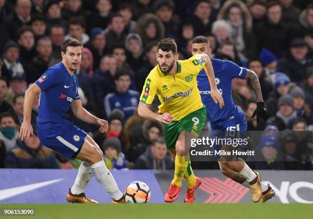 Nelson Oliveira of Norwich City runs with the ball during The Emirates FA Cup Third Round Replay between Chelsea and Norwich City at Stamford Bridge...