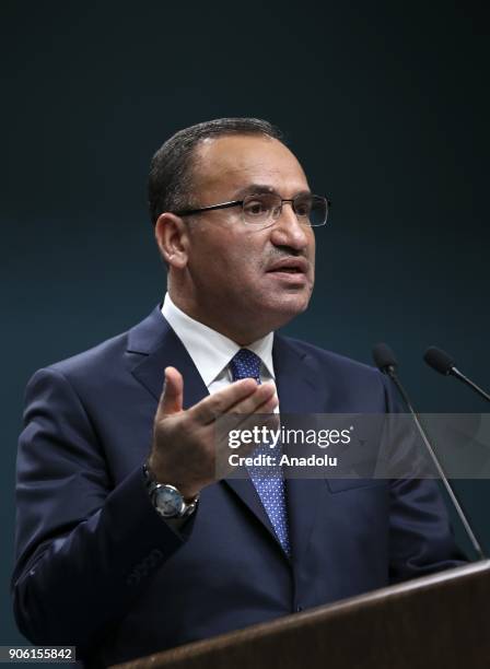 Turkish Deputy Prime Minister and government spokesperson Bekir Bozdag gives a speech during a press conference after cabinet meeting in Ankara,...