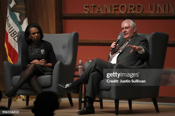 Secretary of State Rex Tillerson speaks in conversation with former U.S. Secreatry of State Condoleezza Rice to the Hoover Institution and the...