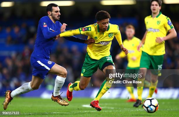 Jamal Lewis of Norwich City and Davide Zappacosta of Chelsea in action during The Emirates FA Cup Third Round Replay between Chelsea and Norwich City...