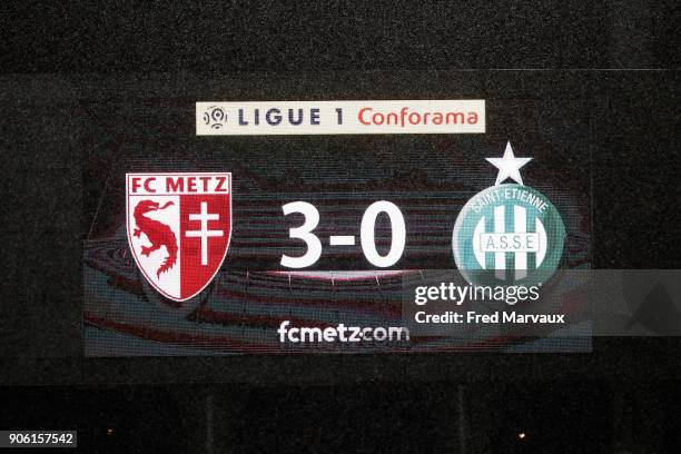 Scores during the Ligue 1 match between Metz and AS Saint-Etienne at on January 17, 2018 in Metz, .