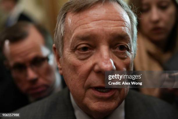 Senate Minority Whip Sen. Dick Durbin speaks to members of the media after a Senate Democratic Policy Luncheon January 17, 2018 at the Capitol in...