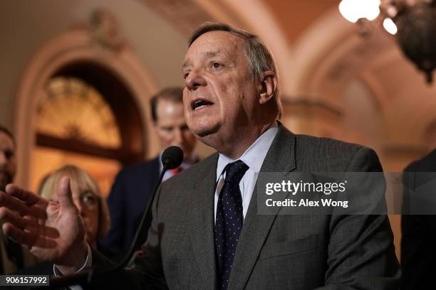 Senate Minority Whip Sen. Dick Durbin speaks to members of the media after a Senate Democratic Policy Luncheon January 17, 2018 at the Capitol in...