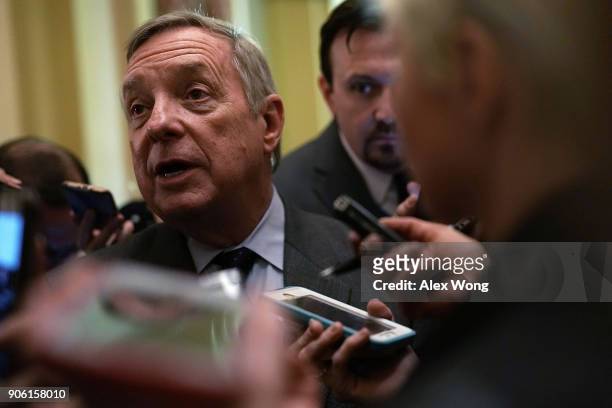 Senate Minority Whip Sen. Dick Durbin speaks to members of the media after a Senate Democratic Policy Luncheon January 17, 2018 at the Capitol in...