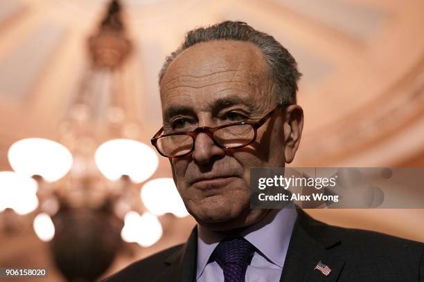 Senate Minority Leader Sen. Chuck Schumer speaks to members of the media after a Senate Democratic Policy Luncheon January 17, 2018 at the Capitol in...