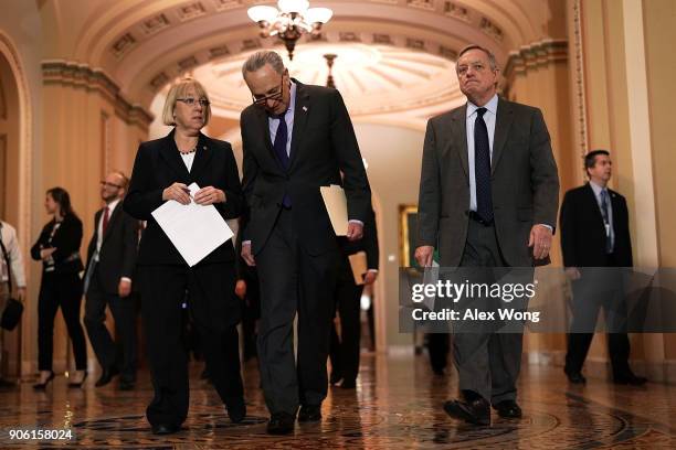 Senate Minority Leader Sen. Chuck Schumer , Senate Minority Whip Sen. Dick Durbin and Sen. Patty Murray approach the podium to speak to members of...