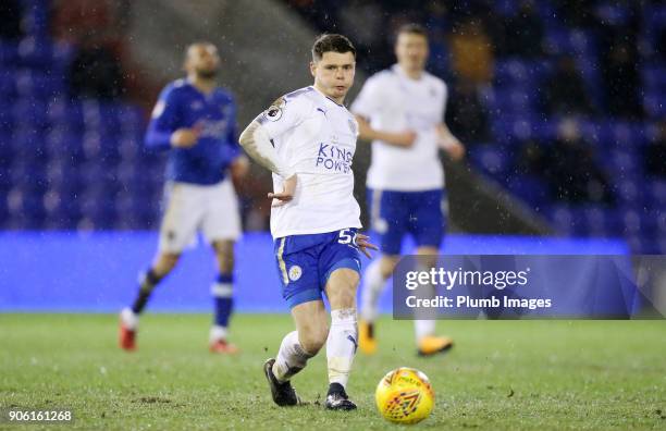 Connor Wood of Leicester City in action during the Checkatrade Trophy tie between Oldham Athletic and Leicester City at Boundary Park, on January...