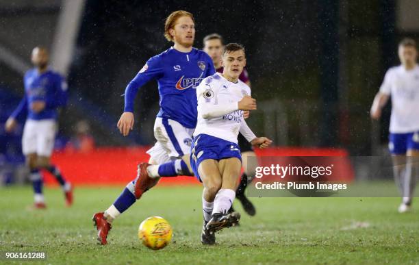 Kiernan Dewsbury-Hall of Leicester City in action during the Checkatrade Trophy tie between Oldham Athletic and Leicester City at Boundary Park, on...