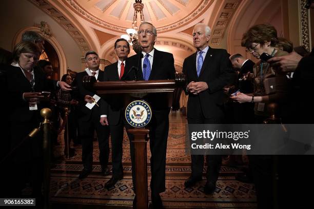 Senate Majority Leader Sen. Mitch McConnell speaks to members of the media after a Senate Republican Policy Luncheon as Senate Majority Whip Sen....
