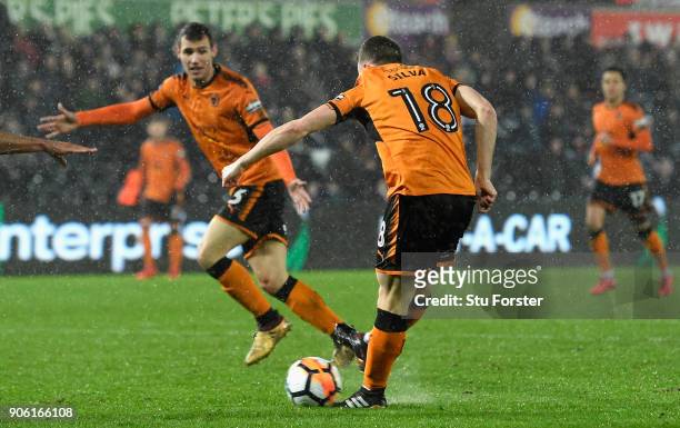 Diego Jota of Wolverhampton Wanderers scores his sides first goal during The Emirates FA Cup Third Round Replay between Swansea City and...