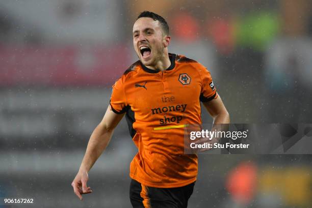 Diego Jota of Wolverhampton Wanderers celebrates scoring his sides first goal during The Emirates FA Cup Third Round Replay between Swansea City and...