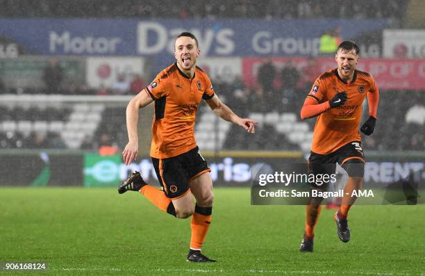 Diogo Jota of Wolverhampton Wanderers celebrates after scoring a goal to make it 1-1 during The Emirates FA Cup Third Round Replay between Swansea...