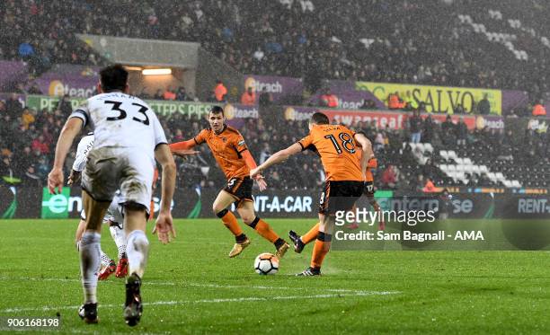 Diogo Jota of Wolverhampton Wanderers scores a goal to make it 1-1 during The Emirates FA Cup Third Round Replay between Swansea City and...