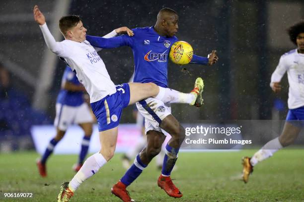 Harvey Barnes of Leicester City in action with Ousame Fane of Oldham Athletic during the Checkatrade Trophy tie between Oldham Athletic and Leicester...