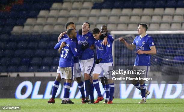 Anthony Gerrard of Oldham Athletic celebrates after scoring to make it 3-2 during the Checkatrade Trophy tie between Oldham Athletic and Leicester...