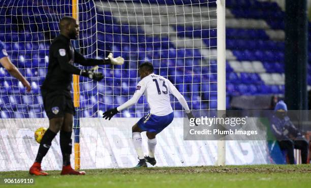 Ahmed Must of Leicester City scores to make it 2-2 during the Checkatrade Trophy tie between Oldham Athletic and Leicester City at Boundary Park on...