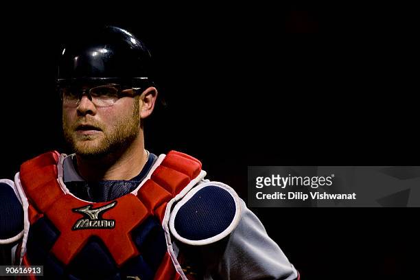 Brian McCann of the Atlanta Braves returns to the dugout against the St. Louis Cardinals on September 11, 2009 at Busch Stadium in St. Louis,...
