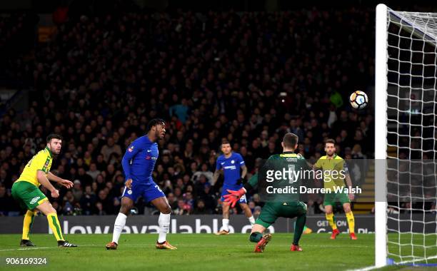 Michy Batshuayi of Chelsea scores his sides first goal during The Emirates FA Cup Third Round Replay between Chelsea and Norwich City at Stamford...