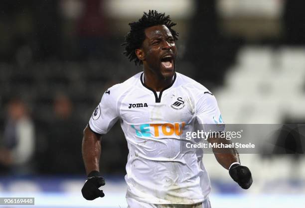 Wilfried Bony of Swansea City celebrates after he scores his sides second goal during The Emirates FA Cup Third Round Replay between Swansea City and...