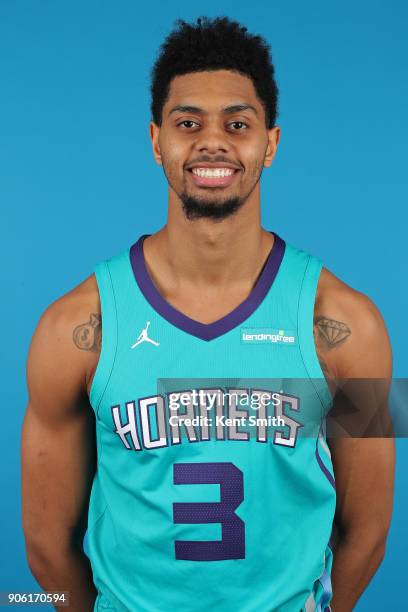 Jeremy Lamb of the Charlotte Hornets poses for a head shot in Charlotte, North Carolina at the Spectrum Center on January 16, 2018. NOTE TO USER:...