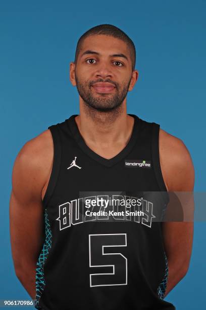 Nicolas Batum of the Charlotte Hornets poses for a head shot in Charlotte, North Carolina at the Spectrum Center on January 16, 2018. NOTE TO USER:...