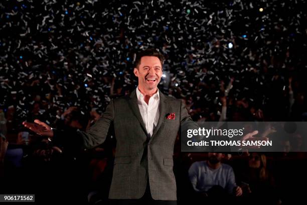 Australian actor Hugh Jackman poses upon arrival for the premiere of the film 'The Greatest Showman' in Paris, on January 17, 2018.