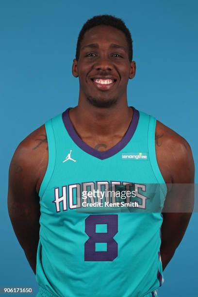 Johnny O'Bryant III of the Charlotte Hornets poses for a head shot in Charlotte, North Carolina at the Spectrum Center on January 16, 2018. NOTE TO...