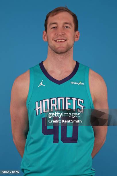 Cody Zeller of the Charlotte Hornets poses for a head shot in Charlotte, North Carolina at the Spectrum Center on January 16, 2018. NOTE TO USER:...