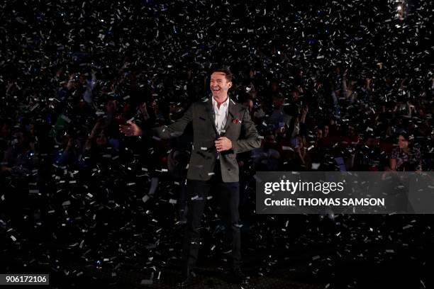 Australian actor Hugh Jackman poses upon arrival for the premiere of the film 'The Greatest Showman' in Paris, on January 17, 2018.