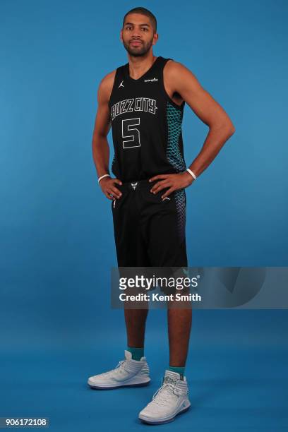Nicolas Batum of the Charlotte Hornets poses for a portrait in Charlotte, North Carolina at the Spectrum Center on January 16, 2018. NOTE TO USER:...