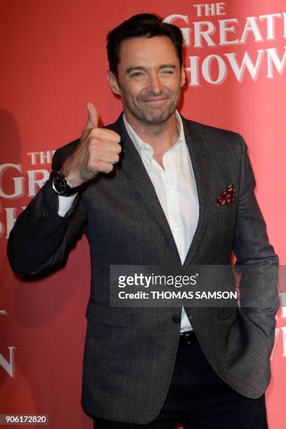 Australian actor Hugh Jackman poses upon arrival for the premiere of the film 'The Greatest Showman' in Paris, on January 17, 2018.