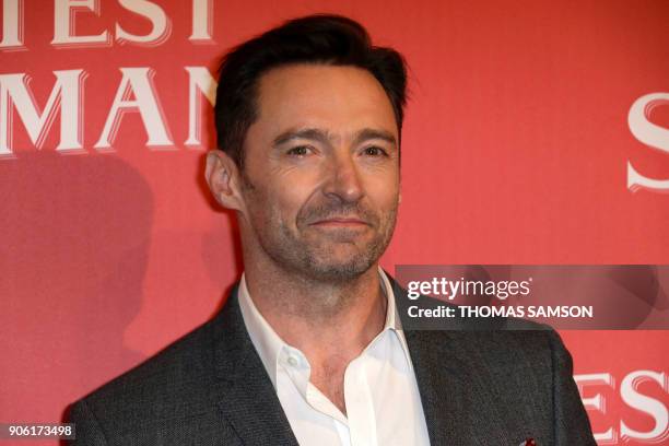 Australian actor Hugh Jackman poses upon arrival for the premiere of the film 'The Greatest Showman' in Paris, on January 17, 2018.