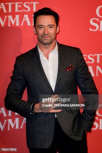 Australian actor Hugh Jackman poses upon arrival for the premiere of the film 'The Greatest Showman' in Paris, on January 17, 2018.