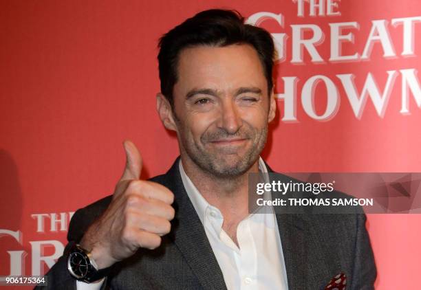 Australian actor Hugh Jackman poses upon arrival for the premiere of the film 'The Greatest Showman' in Paris, on January 17, 2018.