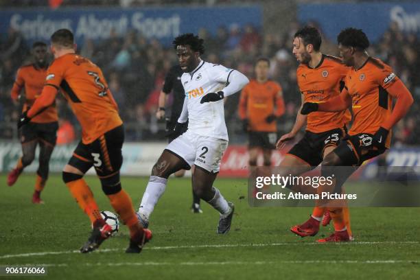 Wilfried Bony of Swansea City gets past three Wolverhampton players during the Emirates FA Cup match between Swansea and Wolverhampton Wanderers at...