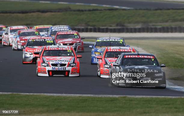 Todd Kelly driving the Kelly Racing Holden leads during race A for round nine of the V8 Supercar Championship Series at the Phillip Island Grand Prix...