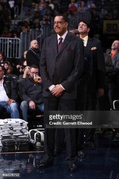 Wayne Cooper looks on during the half time presentation during the game between the Memphis Grizzlies and Denver Nuggets on January 12, 2018 at the...