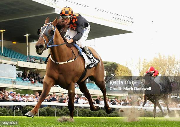 Jockey Damien Oliver riding Whobegotyou wins the Dato'Tan Chin Nam Stakes during the Tatts Cox Plate Preview Day on September 12, 2009 in Melbourne,...