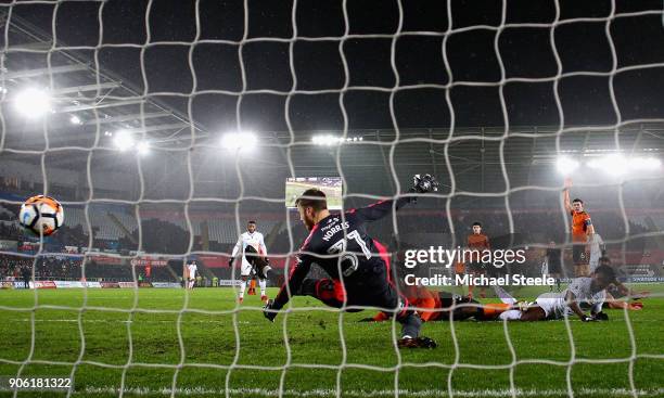 Wilfried Bony of Swansea City scores his sides second goal during The Emirates FA Cup Third Round Replay between Swansea City and Wolverhampton...