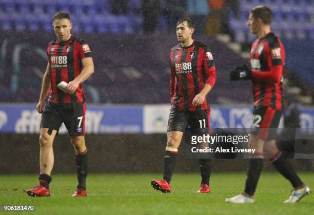 Charlie Daniels of AFC Bournemouth looks dejected during The Emirates FA Cup Third Round Replay between Wigan and AFC Bournemouth at DW Stadium on...