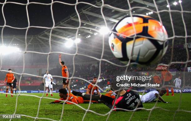 Wilfried Bony of Swansea City scores his sides second goal during The Emirates FA Cup Third Round Replay between Swansea City and Wolverhampton...